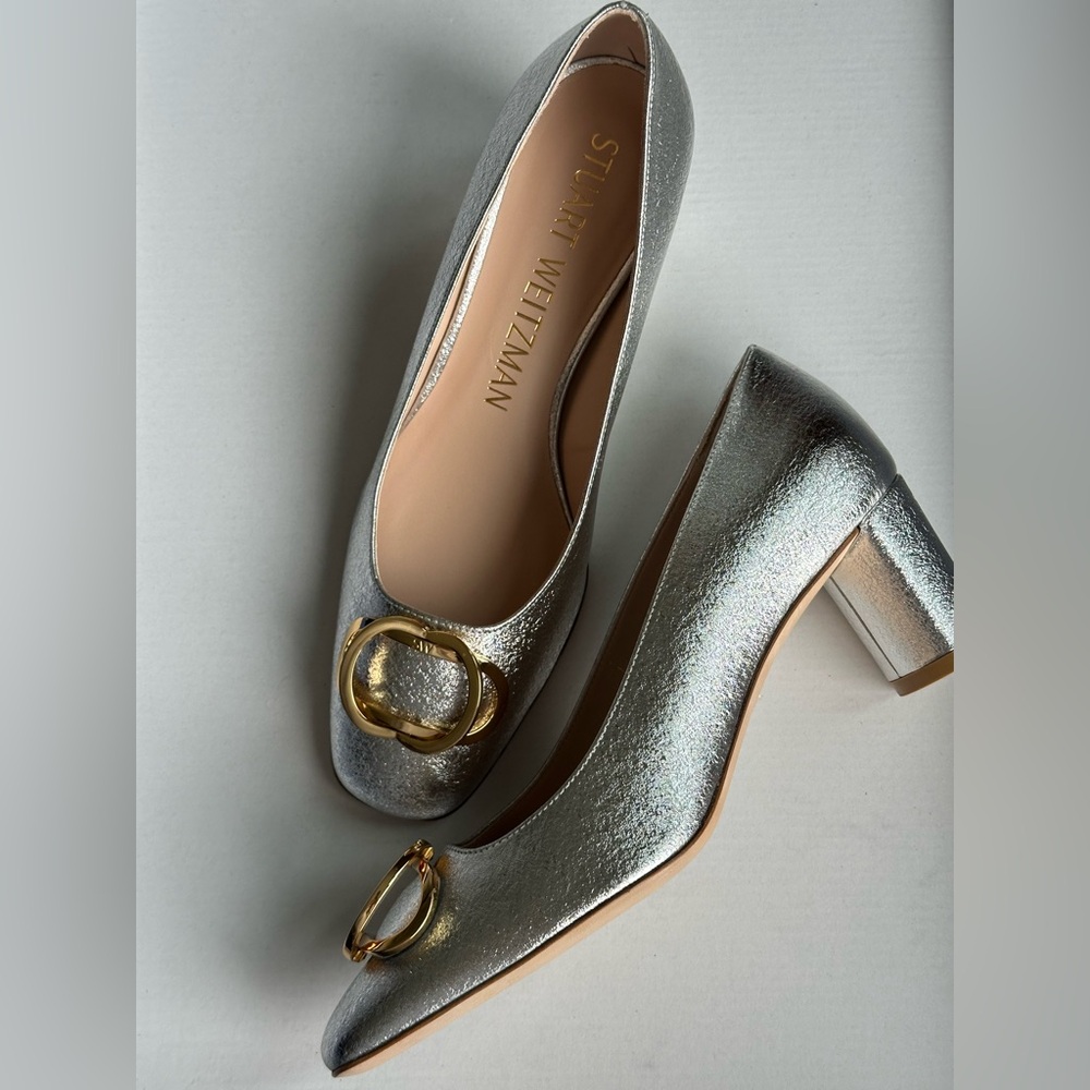 Stuart Weitzman Anicia Metallic Silver Leather Pumps Gold Logo Size 7.5 - Picture 7 of 16